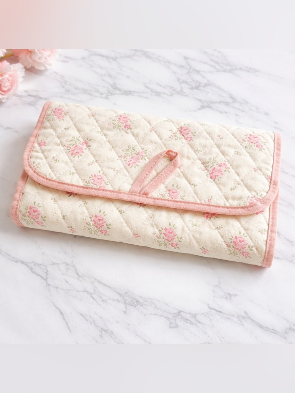 OLAY Cream Quilted Travel Pouch with Pink Trim